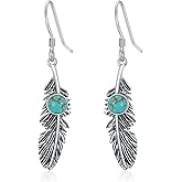 Feather Earrings Genuine Turquoise/Lapis Lazuli/Red Agate/Malachite Dangle Hook Earrings Sterling Silver Native American Jewelry for Women Valentine Gift