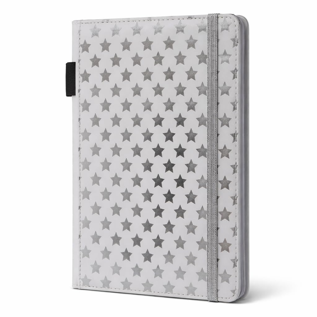 EJRange Notebook A5 Lined Note Pad- Padded Wipe Clean Cover Ruled Journal Notebooks Stationary, 192 Pages, Stars Design(Grey)