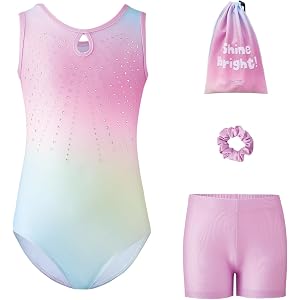 Tstiti Gymnastics Leotards for Girls 4-Piece with Shorts & Scrunchie & Bag | for 3-12 Years, including leotard, shorts, Scrun