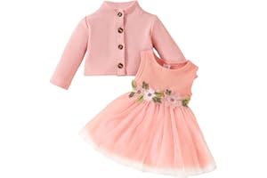 JiAmy Baby Girls Dress Outfits Floral Print Tulle Tutu Dresses Waffle Cardigan Coat 2Pcs Clothes Set for Toddler
