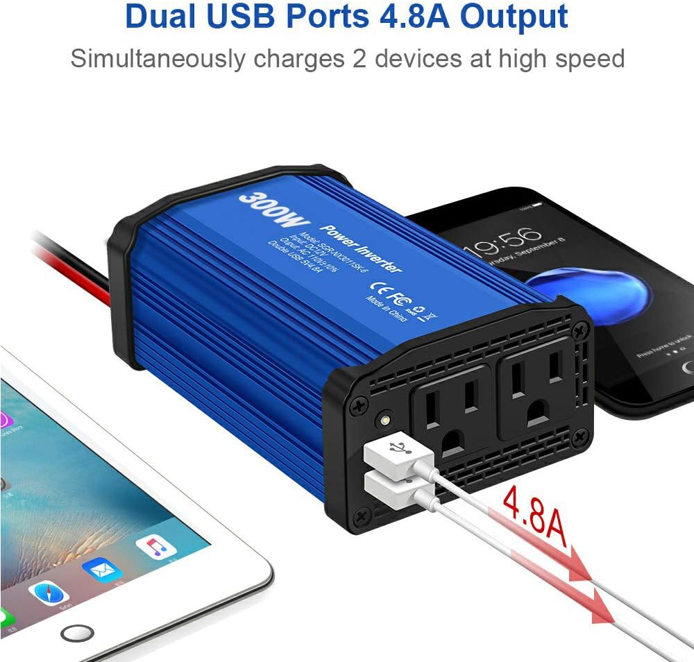 300W Power Inverter DC 12V to 110V AC Car Charger Converter with 4.8A Dual USB Ports (Blue): Car Electronics