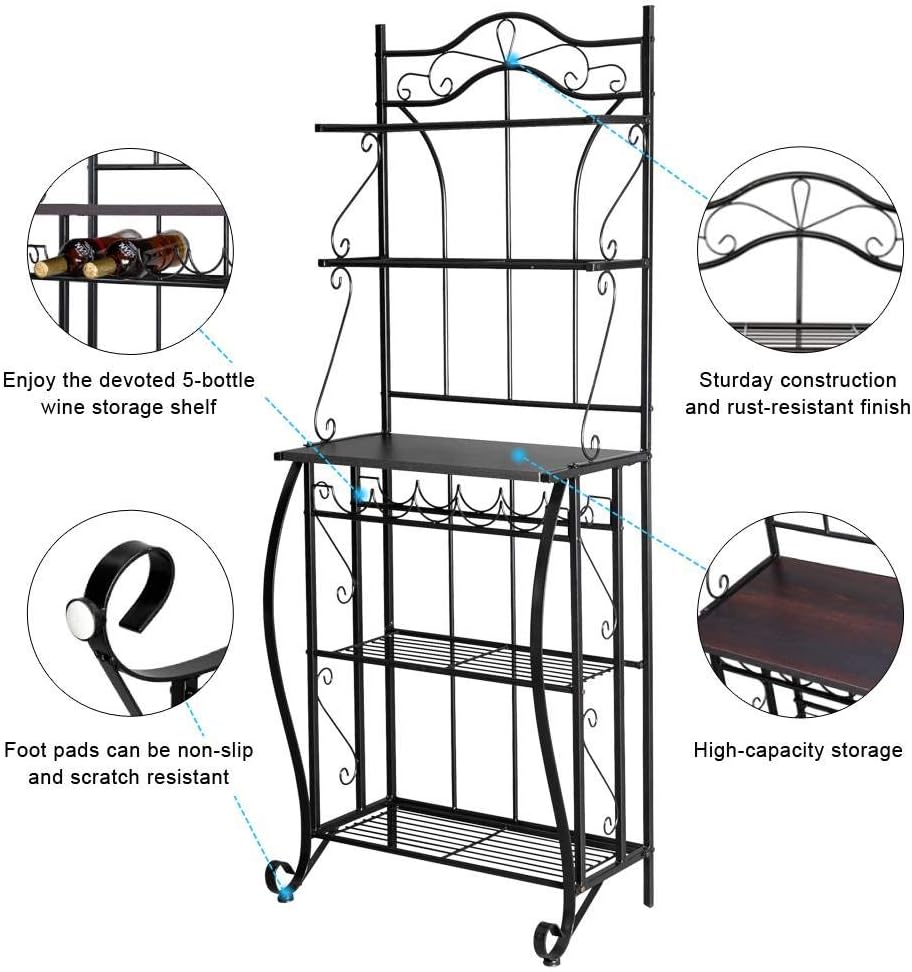ROVSUN Upgrade Multiuse 5-Tier Metal Kitchen Bakers Rack, Microwave Storage Rack Oven Stand with Wine Storage Organizer Workstation Black (25" x 16" x 68") - Standing Baker's Racks