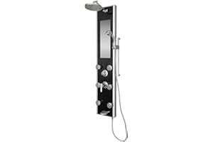 PULSE ShowerSpas 1022-B Leilani ShowerSpa Panel with 8" Rain Showerhead, 6 Dual-Function Body Spray Jets, 5-Function Hand Shower, Slide Bar, Mirror and Tub Spout, Black Tempered Glass with Anodized Frame and Chrome Fixtures
