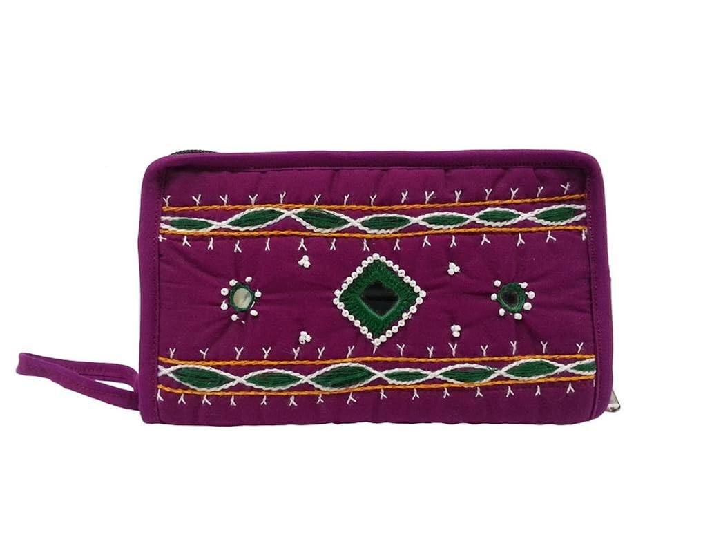 belladona mirror work purse with cell pouch in rani pink, wrk_12