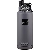 Zoop Insulated Water Bottle 32oz – Stainless Steel, Double-Wall Vacuum Sealed, Leakproof, 2-in-1 Flip Cap & Straw, BPA-Free, Keeps Drinks Cold 24H & Hot 12H, Non-Slip Base - Grey