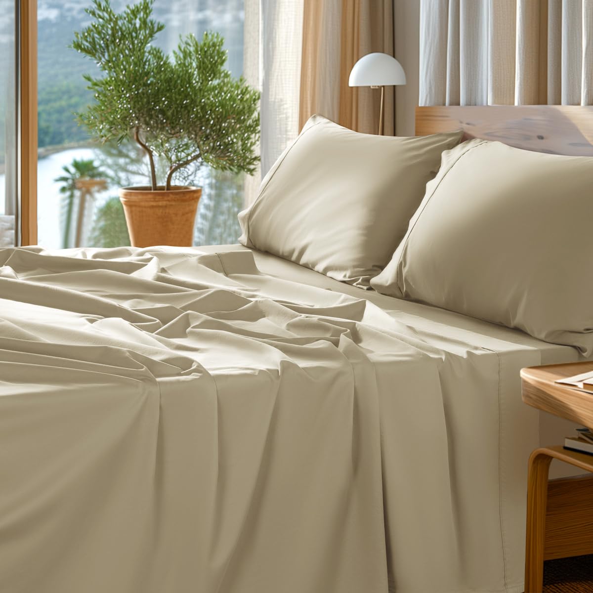 Photo 1 of SONORO KATE 100% Egyptian Cotton Sheets Set - 1000 High Thread Count, Luxury 5-Star Hotel Sateen Bed Sheets, Soft, Breathable Long Staple Sheets, Fit up to 16" - 4 PC (Linen,King)