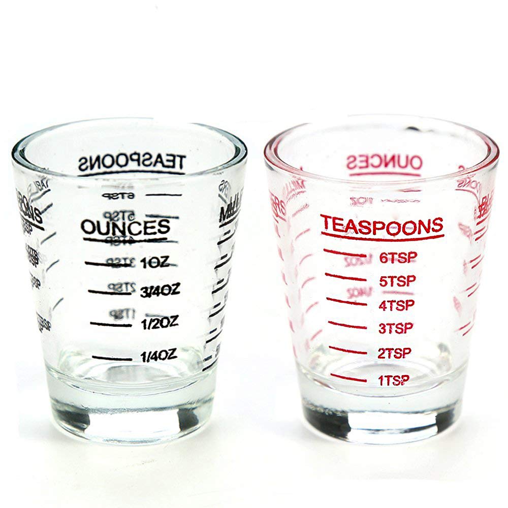 Shot Glasses Measuring Cup Round Liquid Heavy Glass Espresso Shot Glass 1 OZ 4 Features 30ML (2Pack-Black+red)