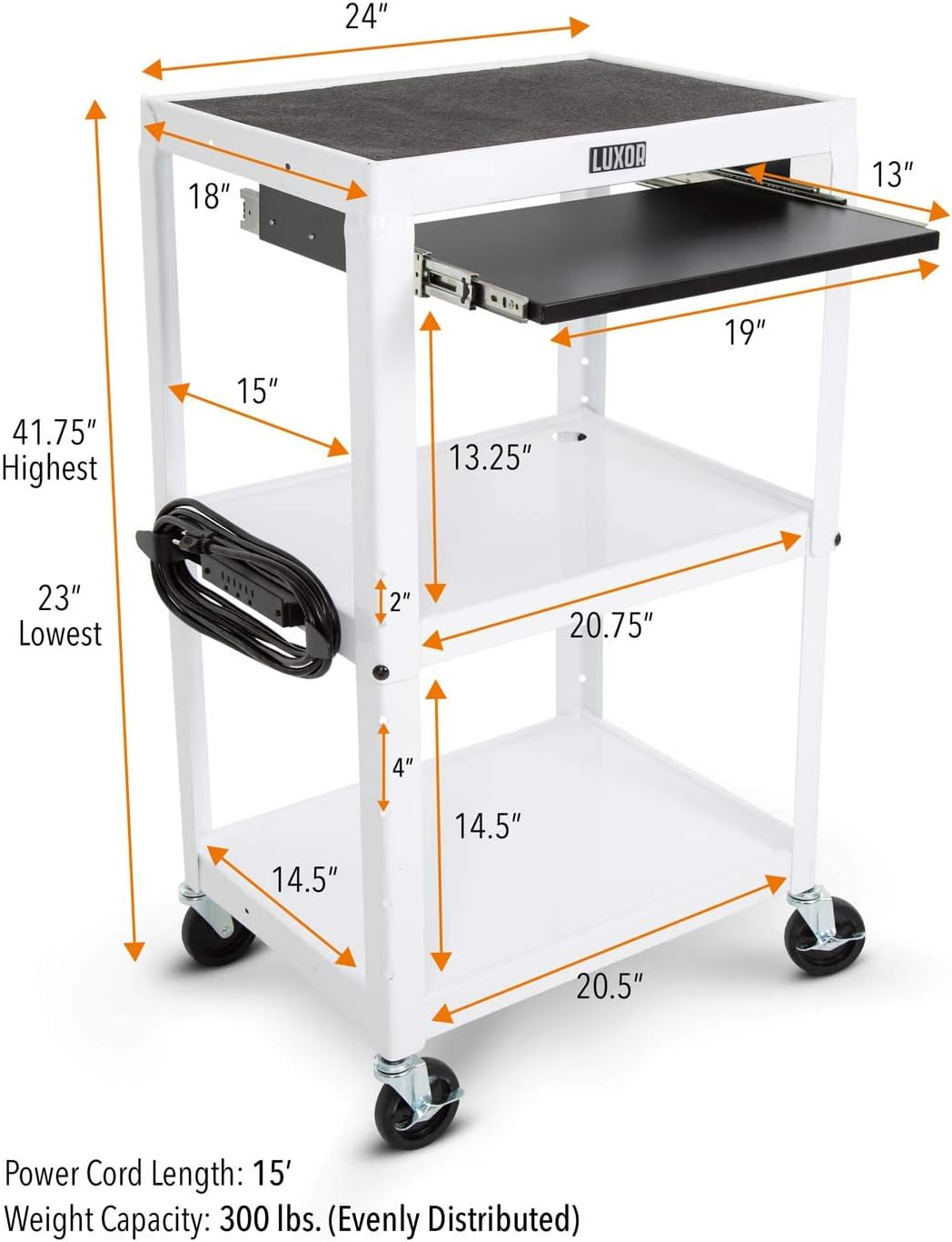 Line Leader White AV Cart | Height Adjustable Top Shelf & Pullout Keyboard Tray | Includes 15 ft Power Cord & Cord Management | Great for Modern Classroom or Workspace (42in x 24in x 18in / White) : Office Products