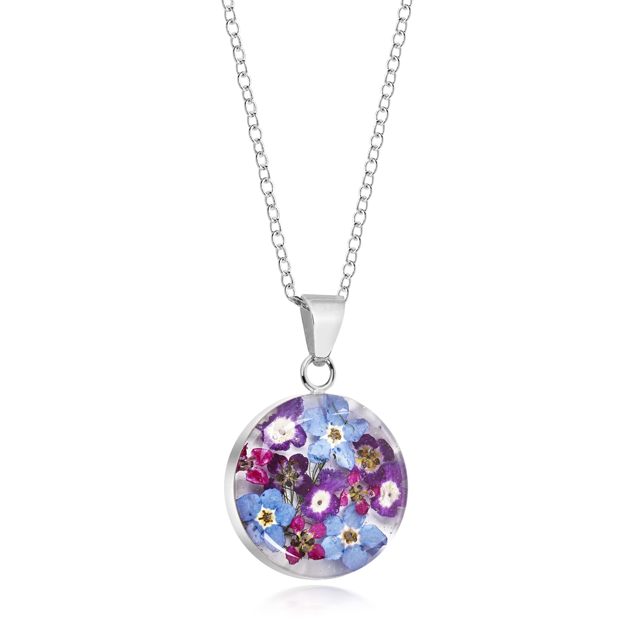 Natural Flower Jewellery Sterling Silver Medium Round Pendant Made with Real Purple Mix Flowers