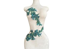 XZG.BEATAL Handmade Rhinestones Bodice lace Applique handsewing Beads Sequins Trim Patches for Dress Clothes Accessories one Set/Bag 5.5X14inches (Deepgreen)