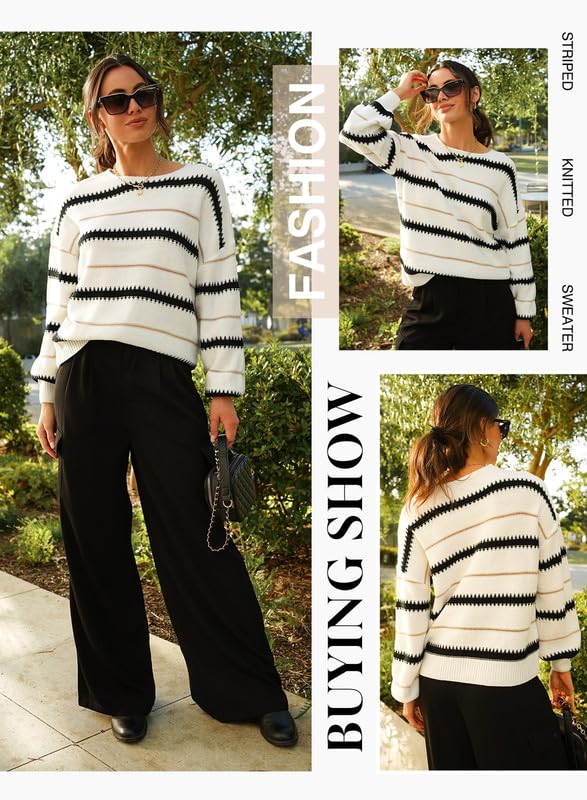 Dokotoo Women's Color Block Long Sleeve Crewneck Sweater - Soft Breathable Knit Pullover Jumper for Fall Winter