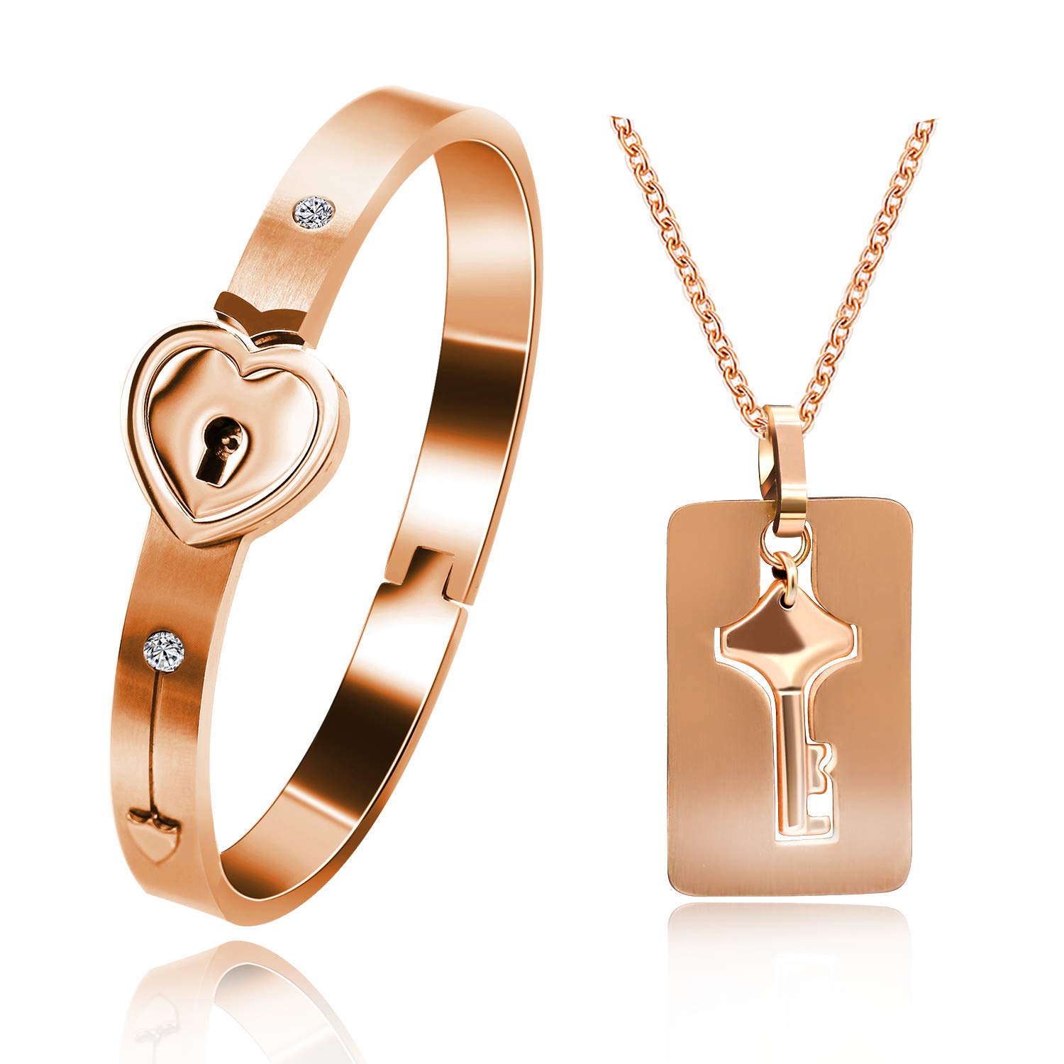 Uloveido Bangle Lock Heart Bracelet and Square Key Pendant Necklace Jewellery Set for Couples, Rose Gold Plated His and Her Bracelet and Necklace Set for Men Women Friends Gift SN300 — image 1