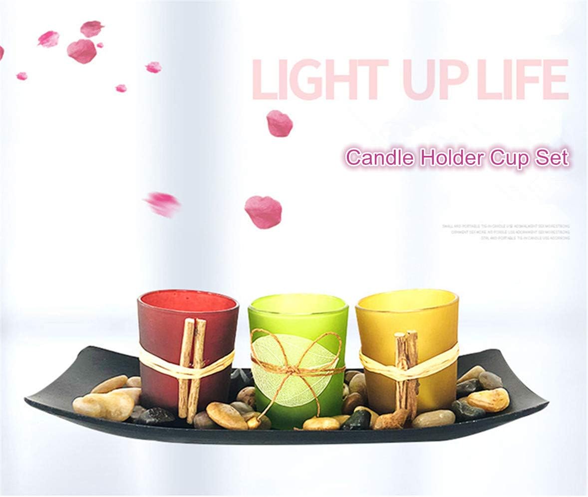 Lovecat Votive Glass Candlestick Cup Set, Natural Candlescape Tealight Holder Set, 3 Candleholder Cups with Wooden Tray Stones, Home Decor Candle Holders: Home & Kitchen