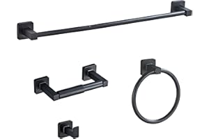 BLUEBYRNE Matte Black Bathroom Hardware Set 4 Pieces,Bathroom Accessories Set Stainless Steel Wall Mounted, Hand Towel Bar, Towel Ring, Robe Towel Hooks,Toilet Paper Holder,Towel Bar Set, 23.6 Inch
