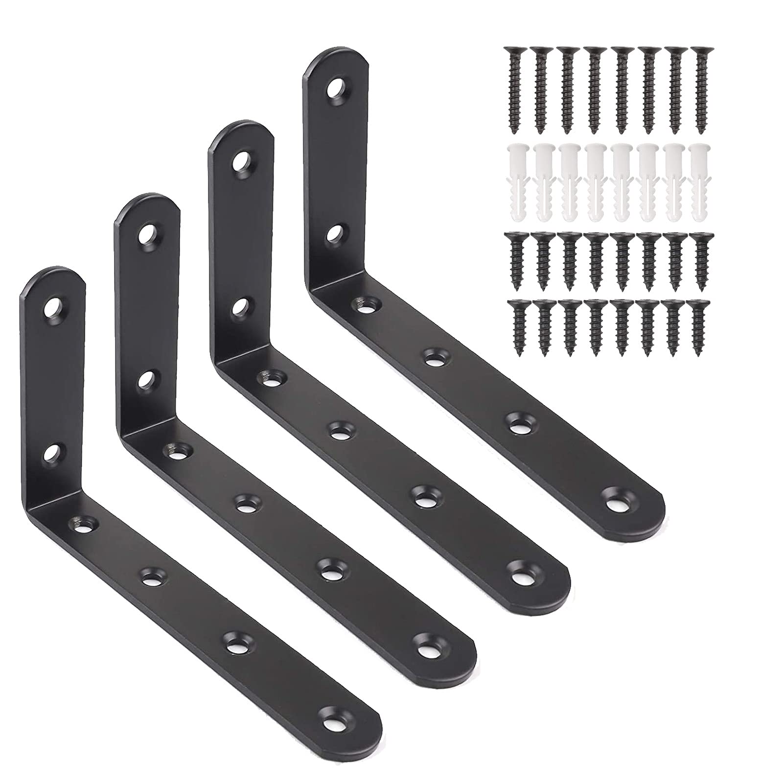 L Shaped Shelf Brackets, 4 Pcs Metal Shelf Supports with Screws and Wall Plugs Set Wall Right Angle Corner Brackets for Tables Bookshelves Wood Boards Windows (Black 125mm x 75mm)