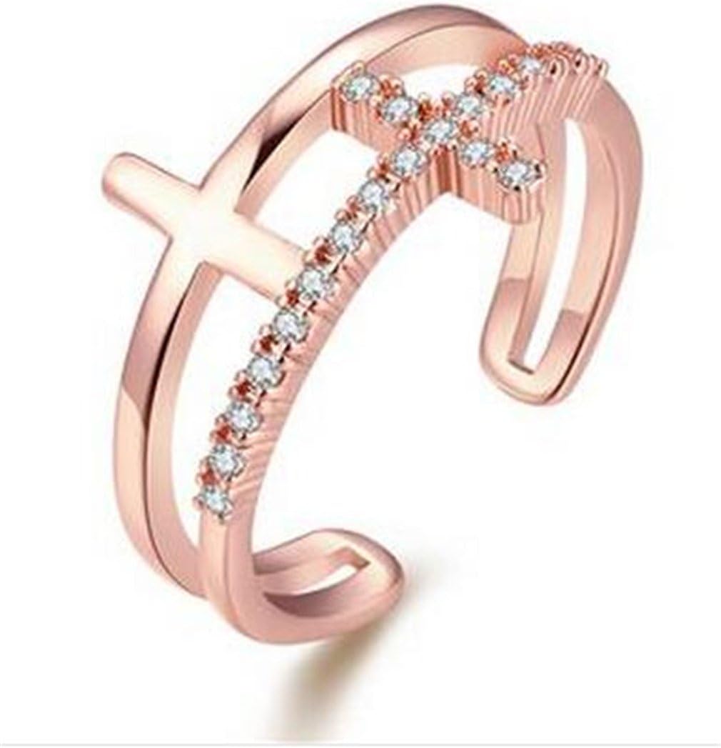 Boowhol Women's Adjustable Size Ring Rose Gold Plated Double Crucifix Zircon Open Ring-Valentine's Day/Ladies/Women