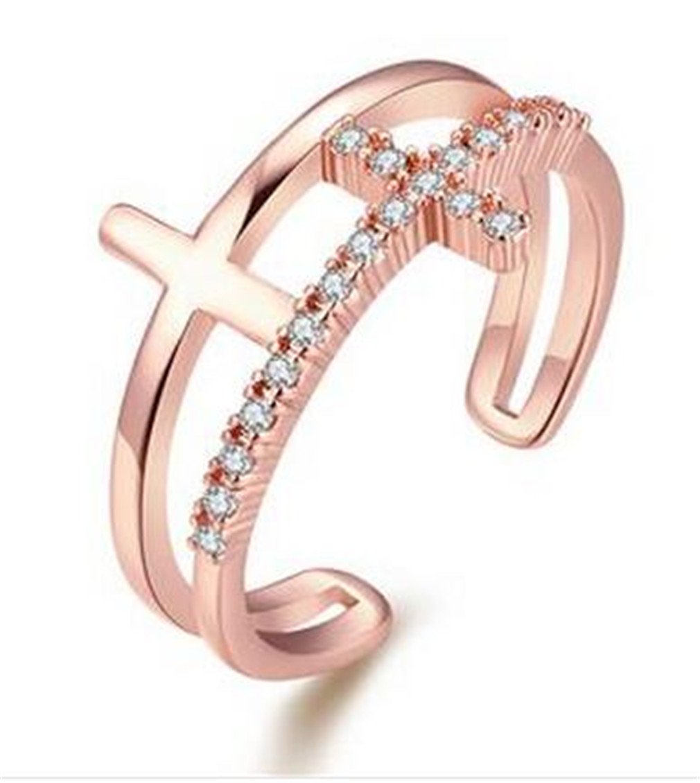 Boowhol Women's Adjustable Size Ring Rose Gold Plated Double Crucifix Zircon Open Ring-Valentine's Day/Ladies/Women