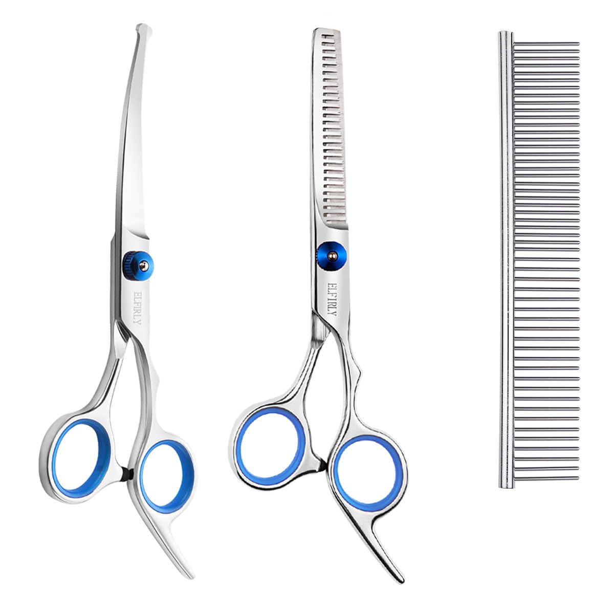 Elfirly Dog Grooming Scissors Set with Safety Round Tip (2 Pack - Curved Scissors Thinning Shears for Grooming) Pet Grooming Shears with Grooming Comb for Dogs and Cats
