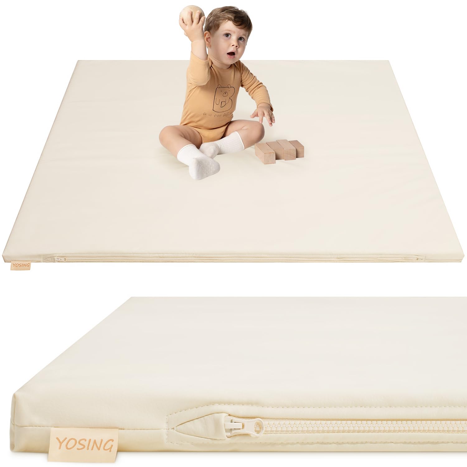 Photo 1 of YOSING Padded Baby Play Mat, Vegan Leather 50x50 Playpen Mat, Waterproof Tummy Time Mat for Boy& Girl, Extra Thick& Super Soft Baby Playmat That Fits Nicely Into Any Playroom, Beige