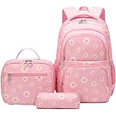 YJMKOI 3Pcs Daisy Prints Backpack for Girls Middle-School Elementary Students Bookbag Set with Lunch Box (Pink)