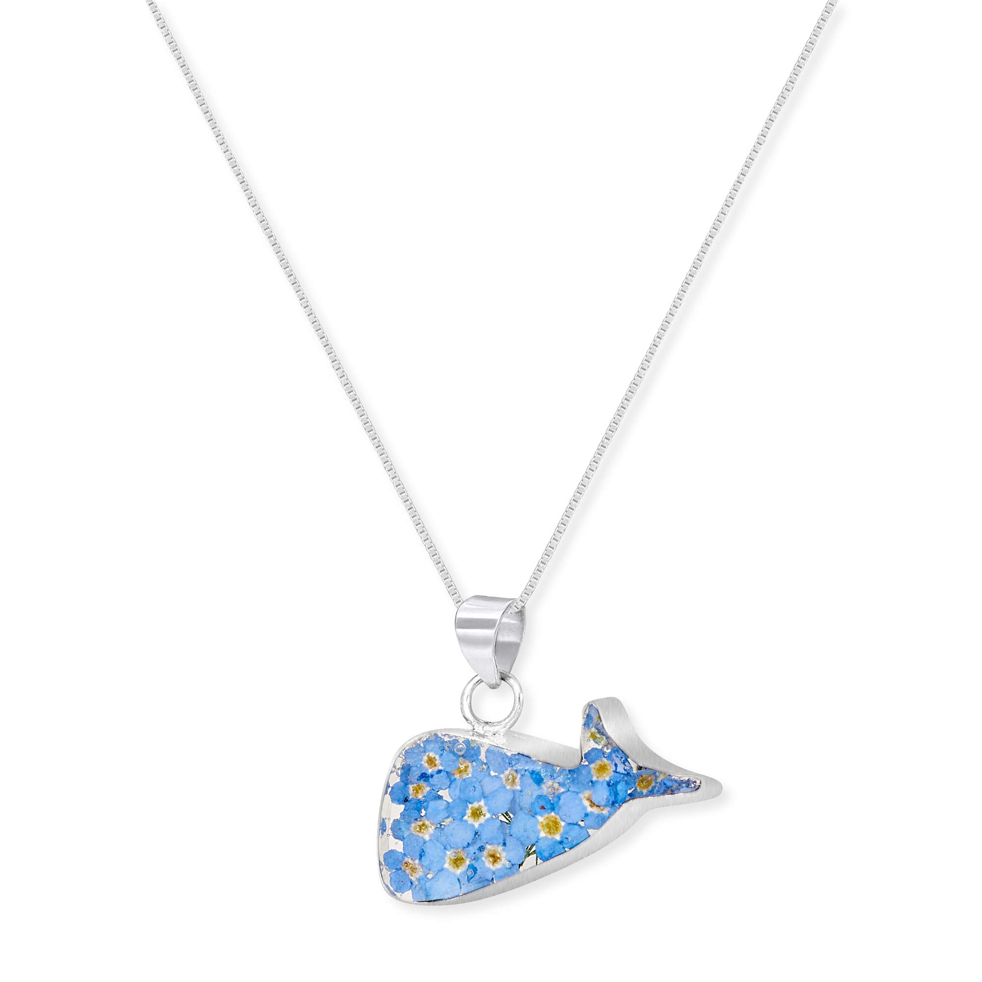 Shrieking Violet 925 Sterling Silver Whale Real Flower Pendant Necklace - Forget-Me-Not (Blue)