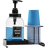 Summark Mouthwash Dispenser for Bathroom,Mouth Wash Pump Bottle with Stainless Steel Cup Holder,24 OZ Refillable Clear Mouthwash Container,BPA Free,Black