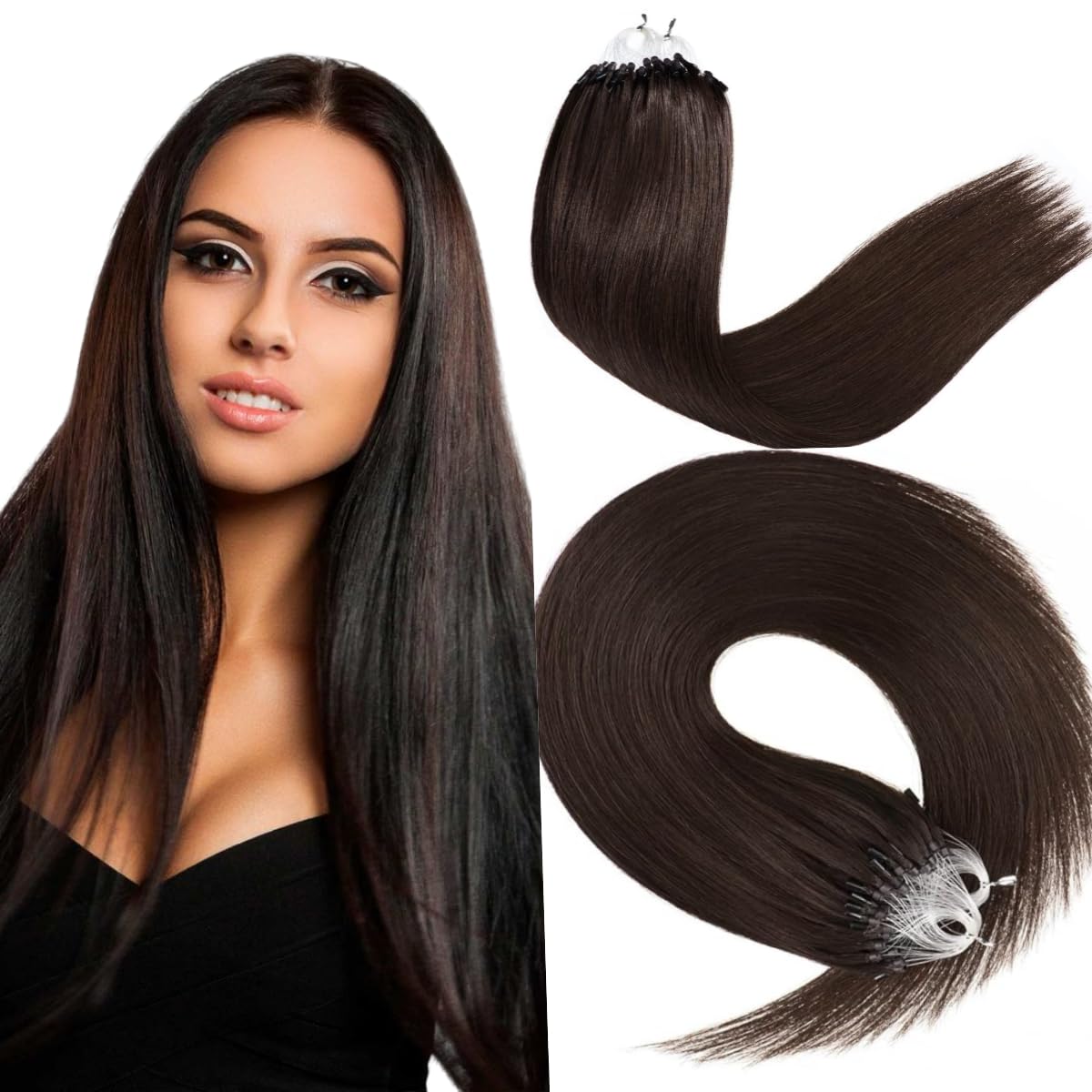 Micro Loop Hair Extensions Real Human Hair 1g/Strand 50s/Pack Straight Hair Pre-Blonded Micro Beads Hair Extensions Micro Rings -16 inch - #2 Dark Brown