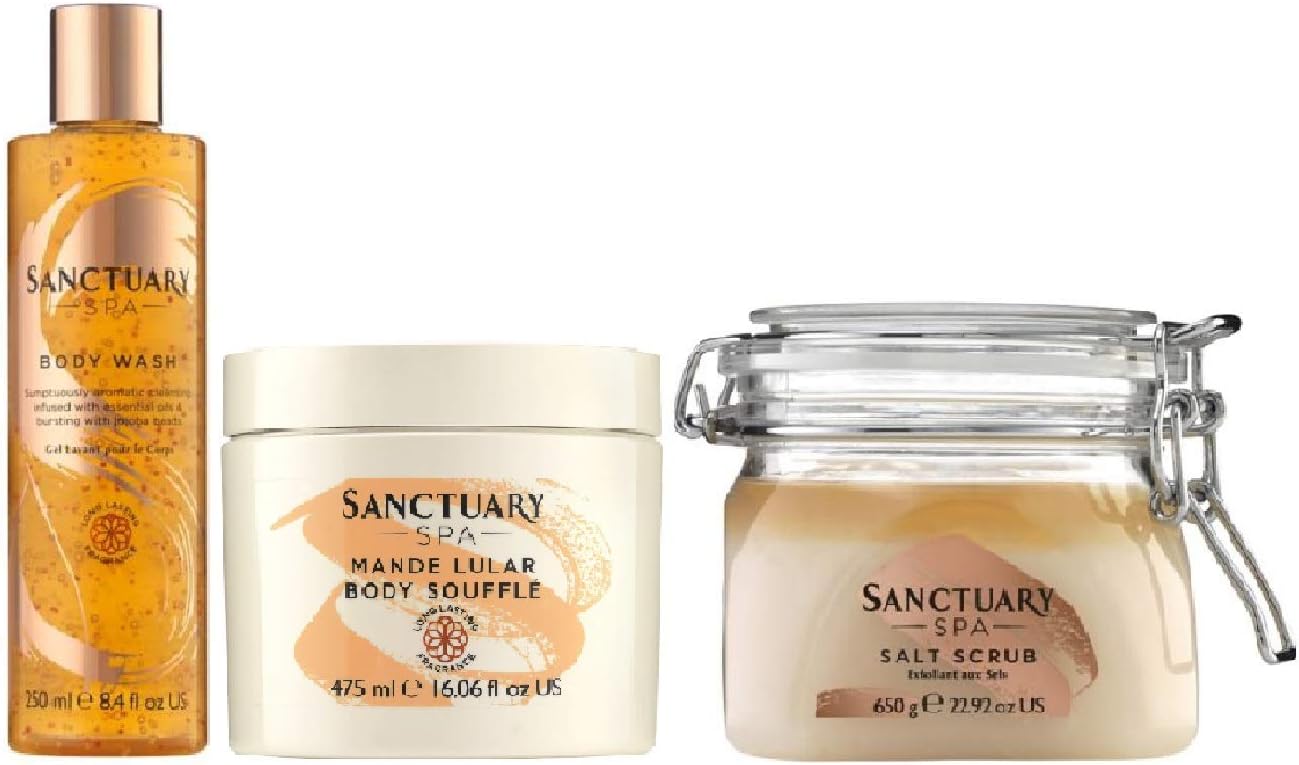 (Pack of 3) Sanctuary Spa Body Wash x 250ml & Mande Lular Body Souffle x 475ml & Salt Scrub x 650g