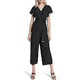 DKNY womens Short Flutter Sleeves Surplice Neck Wide Leg Belted Jumpsuit