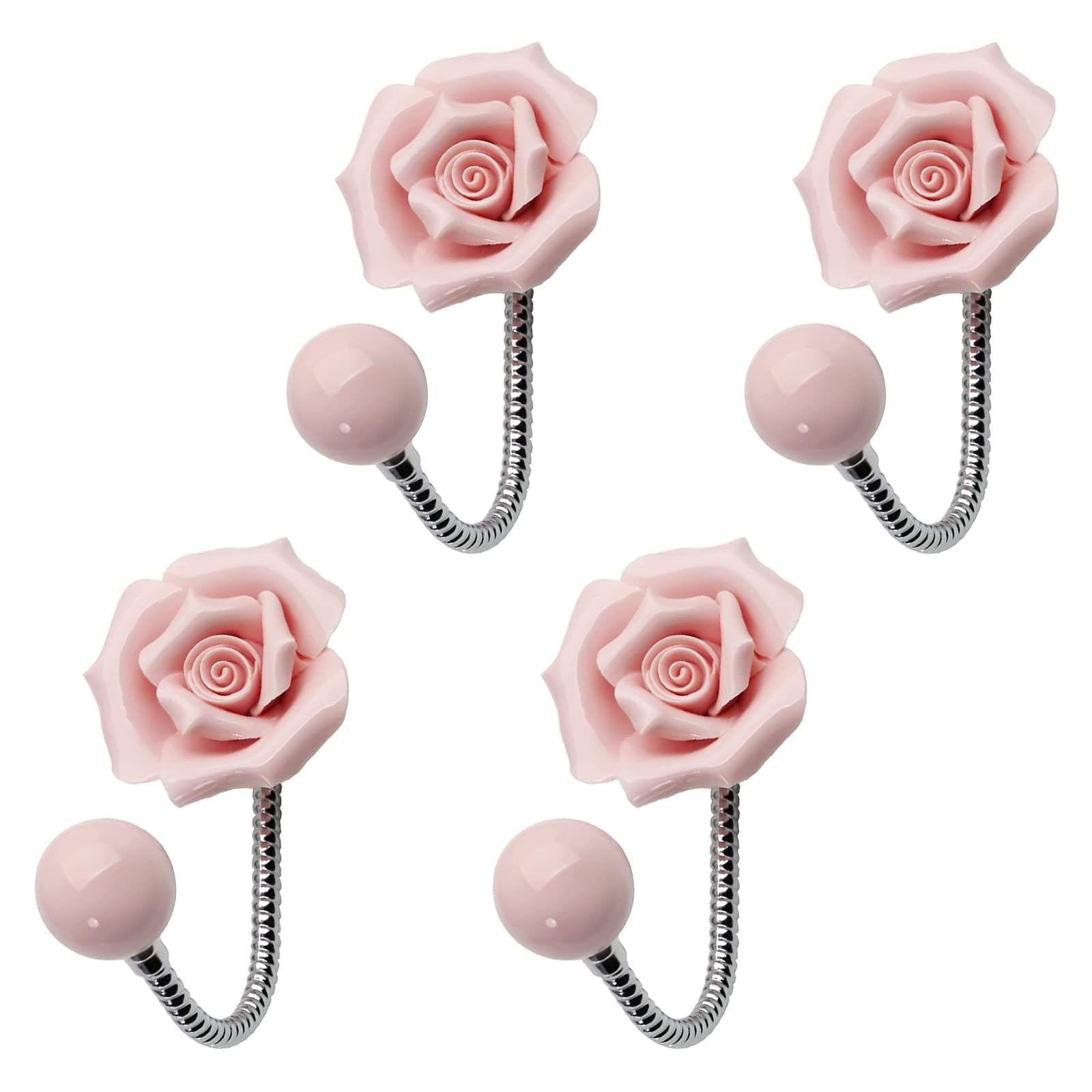 MOROBOR Pink Flower Ceramic Wall Coat Hook，4pcs 3D Rose-Shaped Chrome Decorative Robe Hook Decorative Flower Wall Mounted Hooks for Hanging Scarf, Bag, Towel, Hat