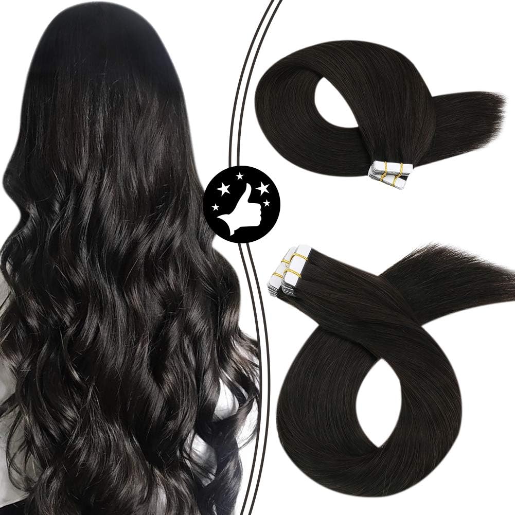 12 Inch Tape in Hair Extensions Human Hair Glam Seamless Glue in Hair Extensions Color #1B Off Black 100% Natural Hair Extensions Tape in Extensions 30 Grams 20 Pieces Per Pack