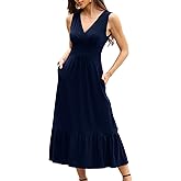 Womens Summer V Neck Dress Empire Waist Maxi Wedding Guest Cocktail Dresses Ruffle Hem A-Line Flowy Long Formal Outfits