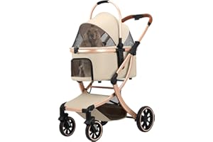 Dec-Mec Pet Stroller for Small/Medium Dogs Cats up to 40lbs with 4 Wheels -Zipperless Entry, Easy Fold, Detachable Carrier, Large Capacity Storage Basket (Khaki)