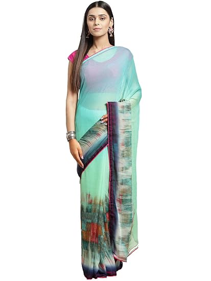 Shaily Womens Green Georgette Printed Saree