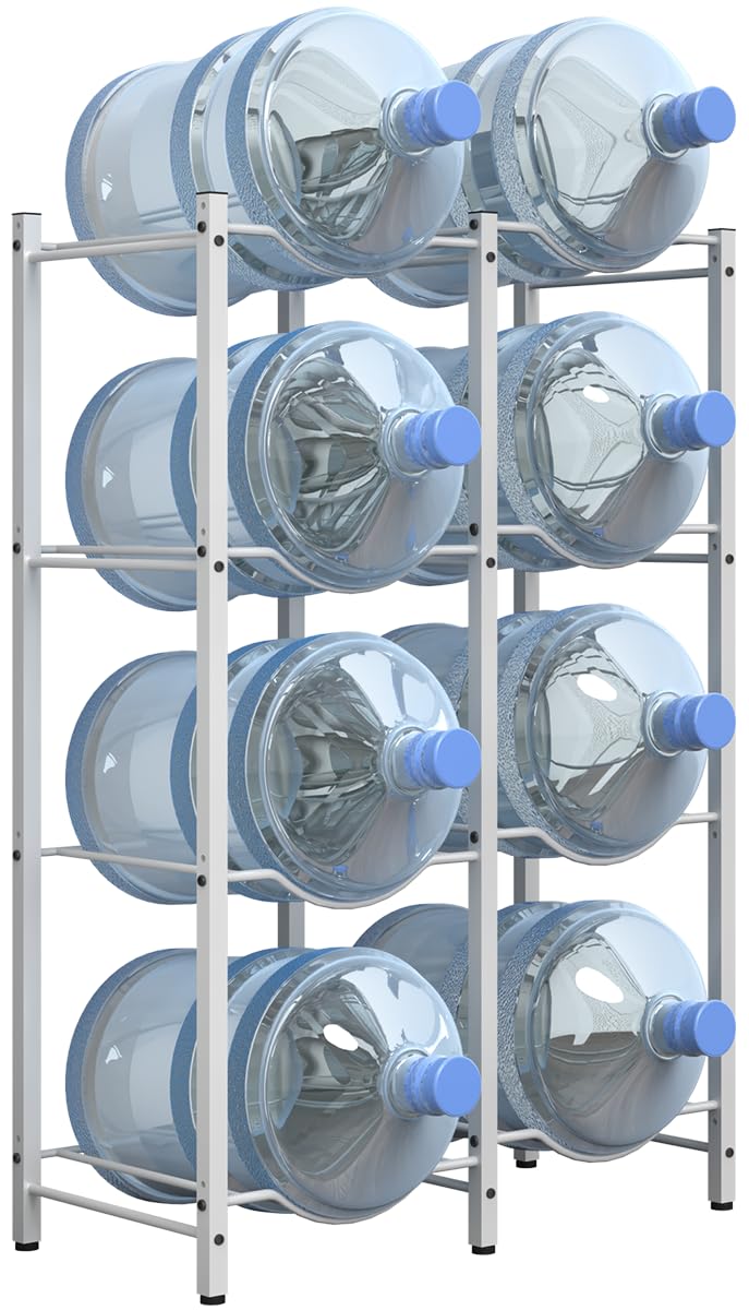 Photo 1 of mocomax 5 Gallon Water Jug Rack, Detachable Water Bottle Holder for 8 Bottles, 4 Tier Heavy Duty Water Cooler Jug Rack, Water Bottle Organizer Storage Rack for Kitchen, Office, Living Room, White