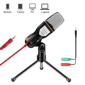 AOBETAK Kondensator Mikrofone mit Ständer für PC und Smartphone, 3,5mm Klinke Gaming Microphone mit 3,5 mm Kopfhörer Splitter
