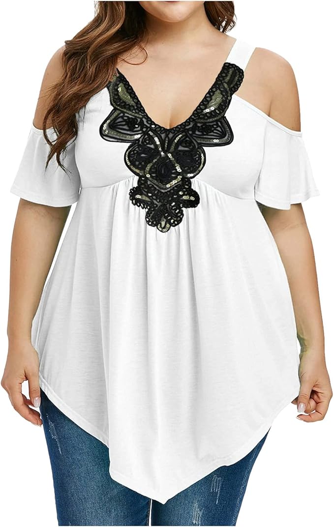 Bestyyo Ladies Shirts Summer Casual Womens Plus Size Tiered Lace Appliques Cold Shoulder VNeck