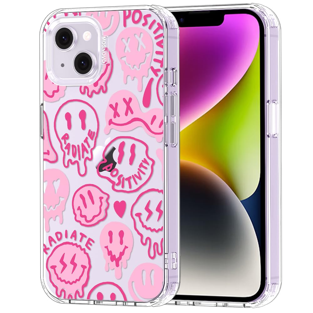 MOSNOVO Case for iPhone 13/14, [Buffertech 6.6ft Military-Grade Drop Protection] [Anti Peel Off Tech] Clear TPU Bumper Phone Case Cover Design - Pink Dripping Smiles Positivity Radiate Face — image 1