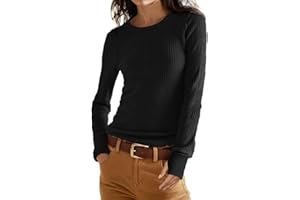 OLRIK Women's Waffle Knit Tops Long Sleeve Shirts Casual Slim Fitted Crew Neck Pullover Shirts with Thumb Holes