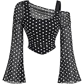 BEAUDRM Women's Y2K Off The Shoulder Tops Long Bell Sleeve Mesh Shirt Ruched Crop Top Rave Clubwear