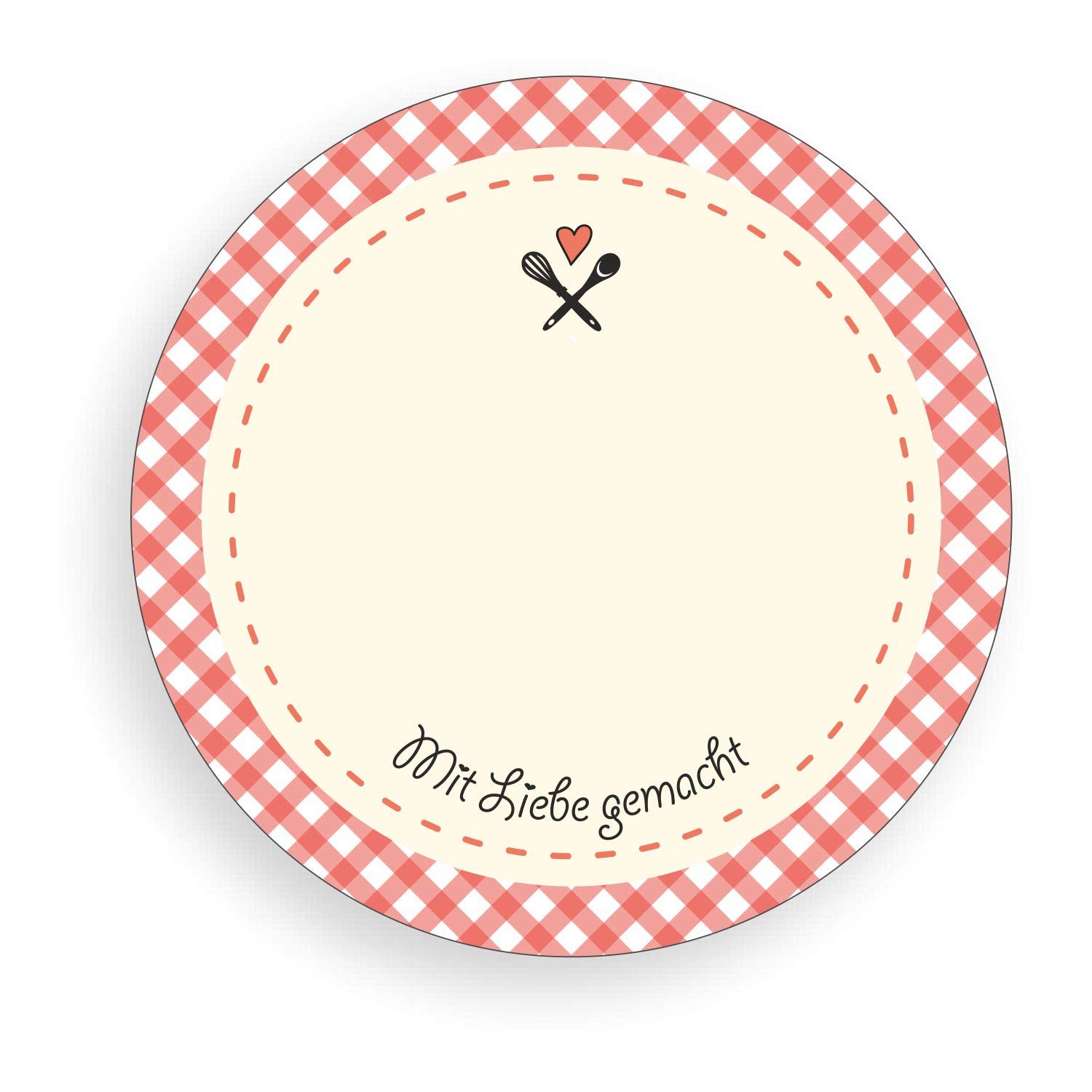 TYPOGRAPHUS 150 Self-Adhesive Labels for Labelling, Made with Love, Checked Red, Round, 50 mm, Removable Paper Stickers for Jars, Jam, Preserving Jars (Chequered Red)
