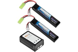 BESWON 2 Packs Airsoft Battery 11.1V Rechargeable 1600mAh 30C Lipo Battery Pack with 2S-3S Balance Charger for Airsoft Guns Rifle