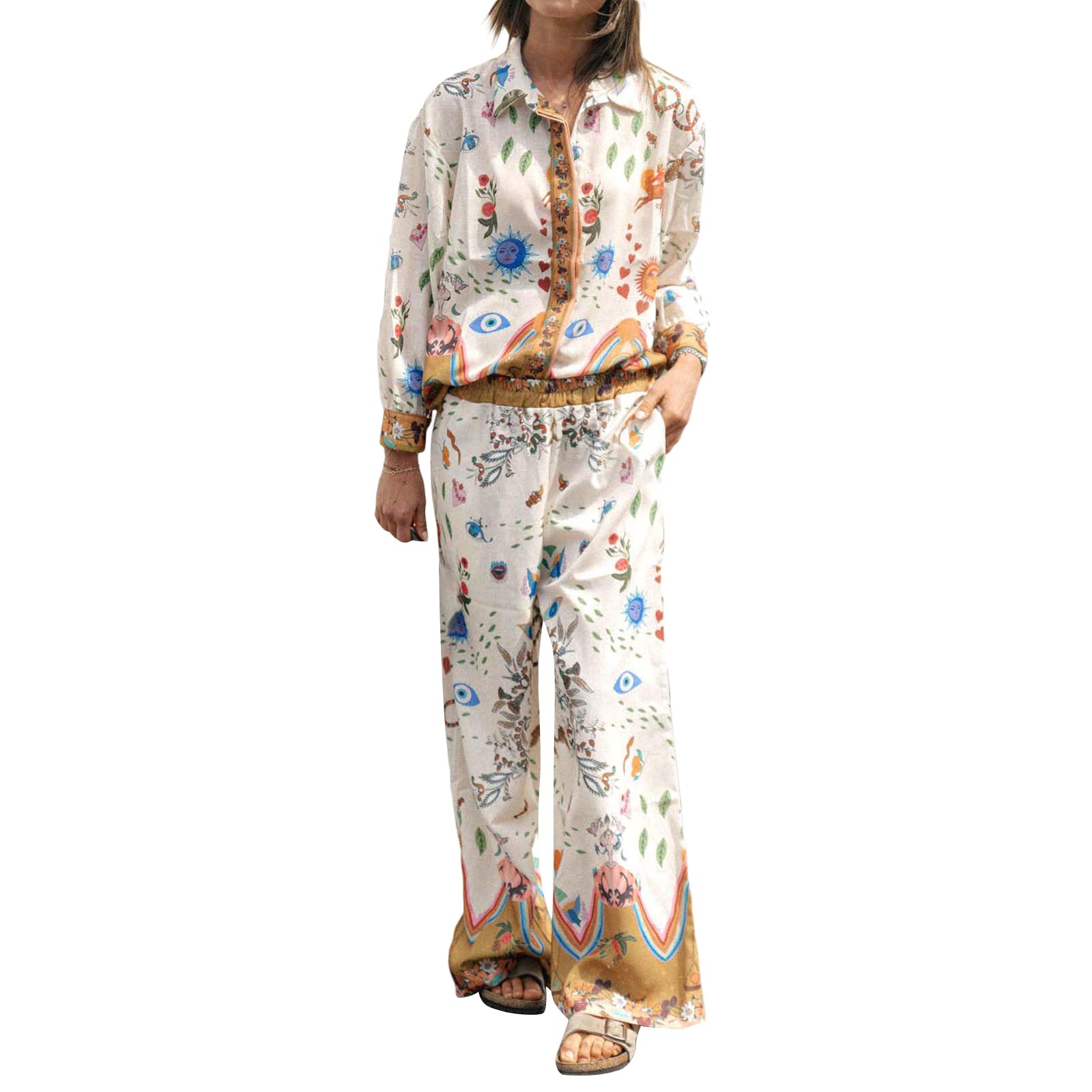 Caziffer Women’s Y2k 2 Piece Outfits Bohemian Vintage Graffiti Floral Short Sleeve Button Up Shirt + Drawstring Wide Leg Pants Set Beachwear (B Khaki, S)