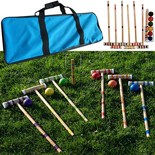 Croquet Set- Wooden Outdoor Deluxe Sports Set with Carrying Case- Fun Vintage Backyard Lawn Recreation Game, Kids or Adults by Hey! Play! (6 Players) (Renewed)