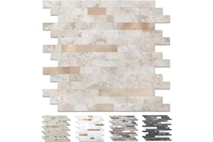 Yipscazo 20 Sheets Peel and Stick Stone Metal Tile Backsplash, Stick on Tiles for Backsplash Kitchen, Bathroom, Laundry Room, Camper, Fireplace (12'' X 12'', Ecru)