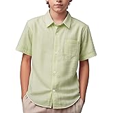 Spring&Gege Boys' Short Sleeve Button Down Shirts Linen Textured Summer Beach Shirt Soild