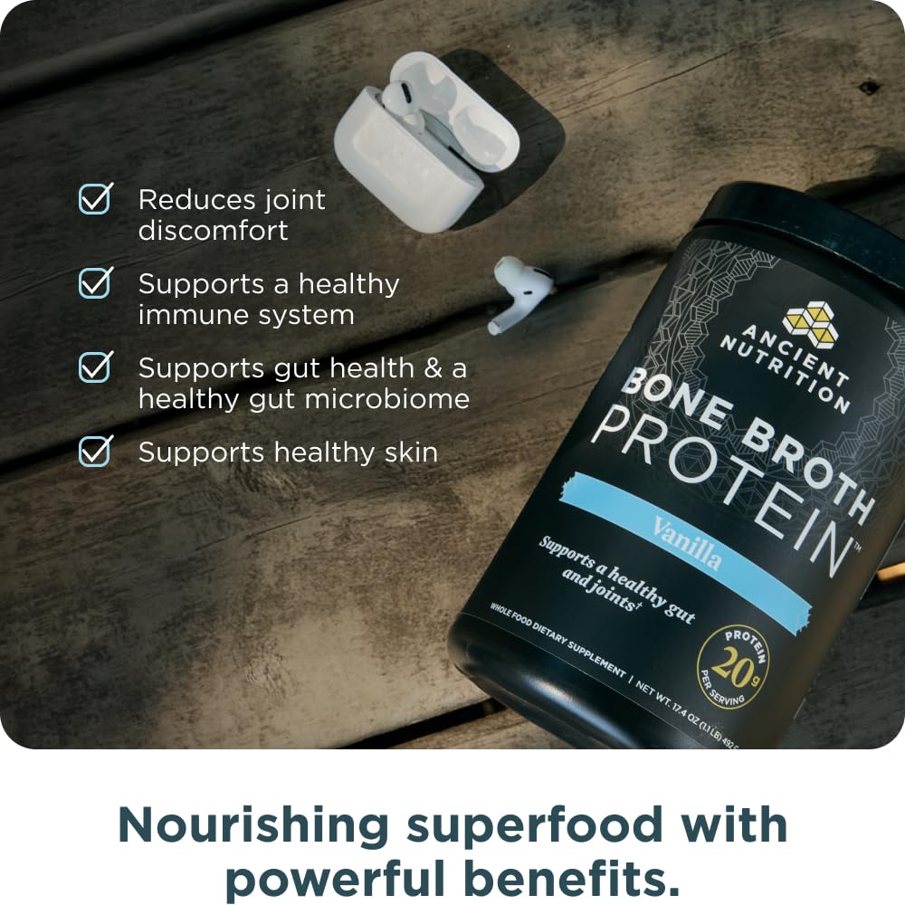 Ancient Nutrition Grass Fed, Cage Free, Bone Broth Protein Powder, 20g Protein, Hydrolyzed Collagen Peptides, Keto & Paleo Friendly, Supports Joint, Gut Health, Vanilla, 20 Servings