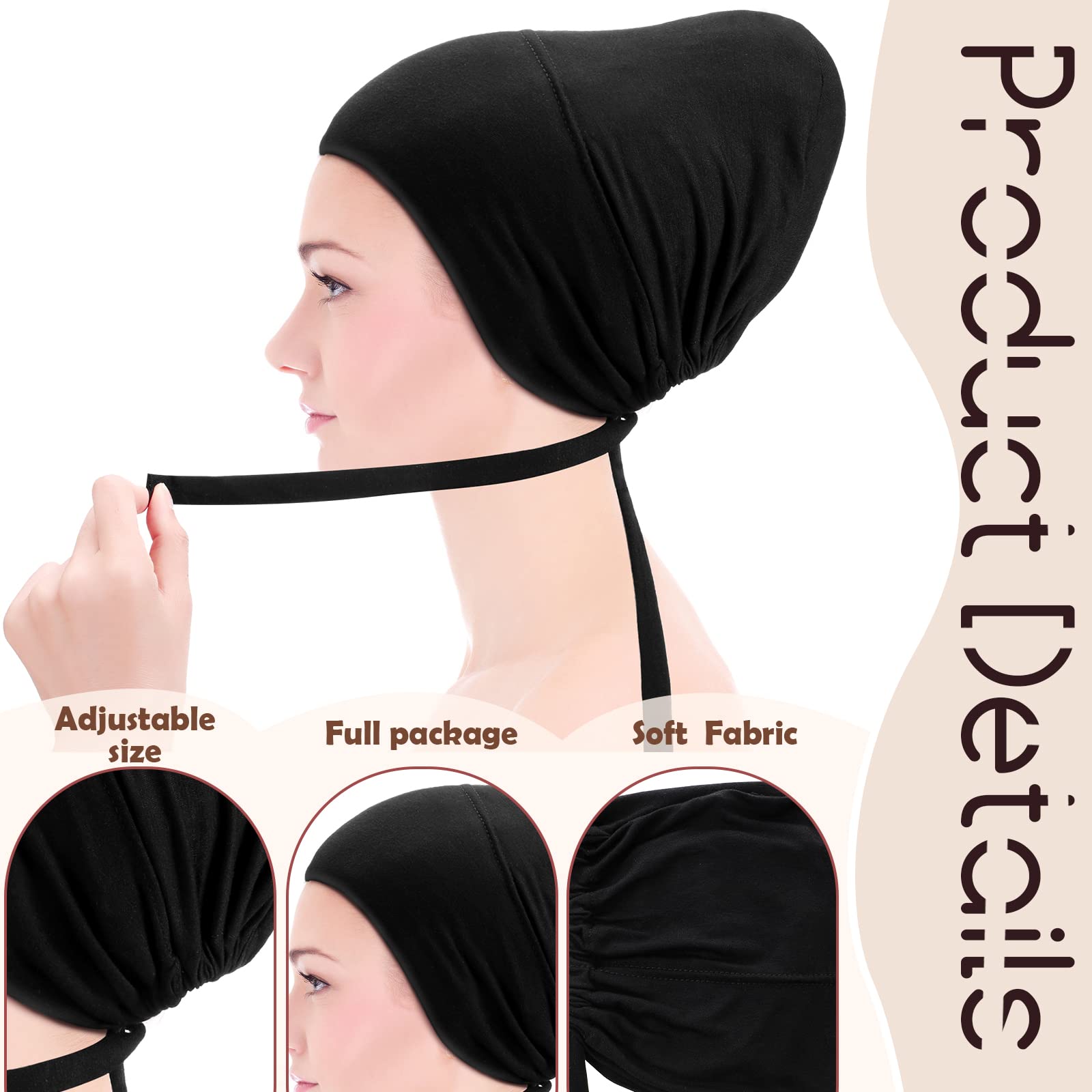 JenPen 4 Pcs Hijab Scarves for Women Hijab Undercap with Tie Adjustable Islamic Muslim Undercap (black and White)
