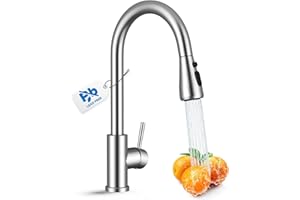 Kitchen Faucet with Pull Down Sprayer, VFAUOSIT Lead-Free Kitchen Sink Faucet Brushed Nickel Stainless Steel Modern High Arc Pull Out Single Hole Kitchen Faucets for Bar Laundry Utility RV Sink