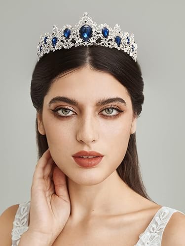 SWEETV Royal CZ Crystal Tiara for Women, Blue Wedding Crown for